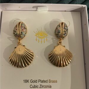 Gold Plated Shell Drop Earrings with Multicolor Accents
